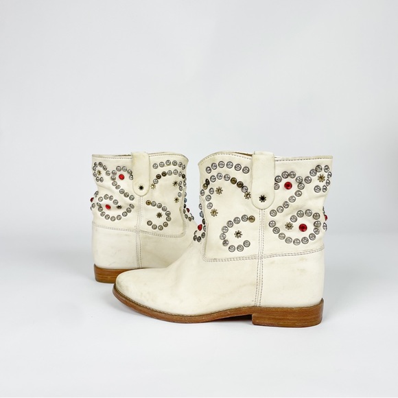 ISABEL MARANT “CALEEN” Leather Ankle Boots Distressed White w/ Studs & Stones 36 - Picture 1 of 14